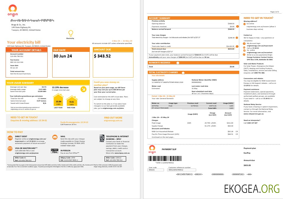 Australie Nouvelle Galles du Sud (NSW) Modèle de facture de services publics d'origine pour les entreprises d'électricité en format Word et PDF 1 à 2 pages